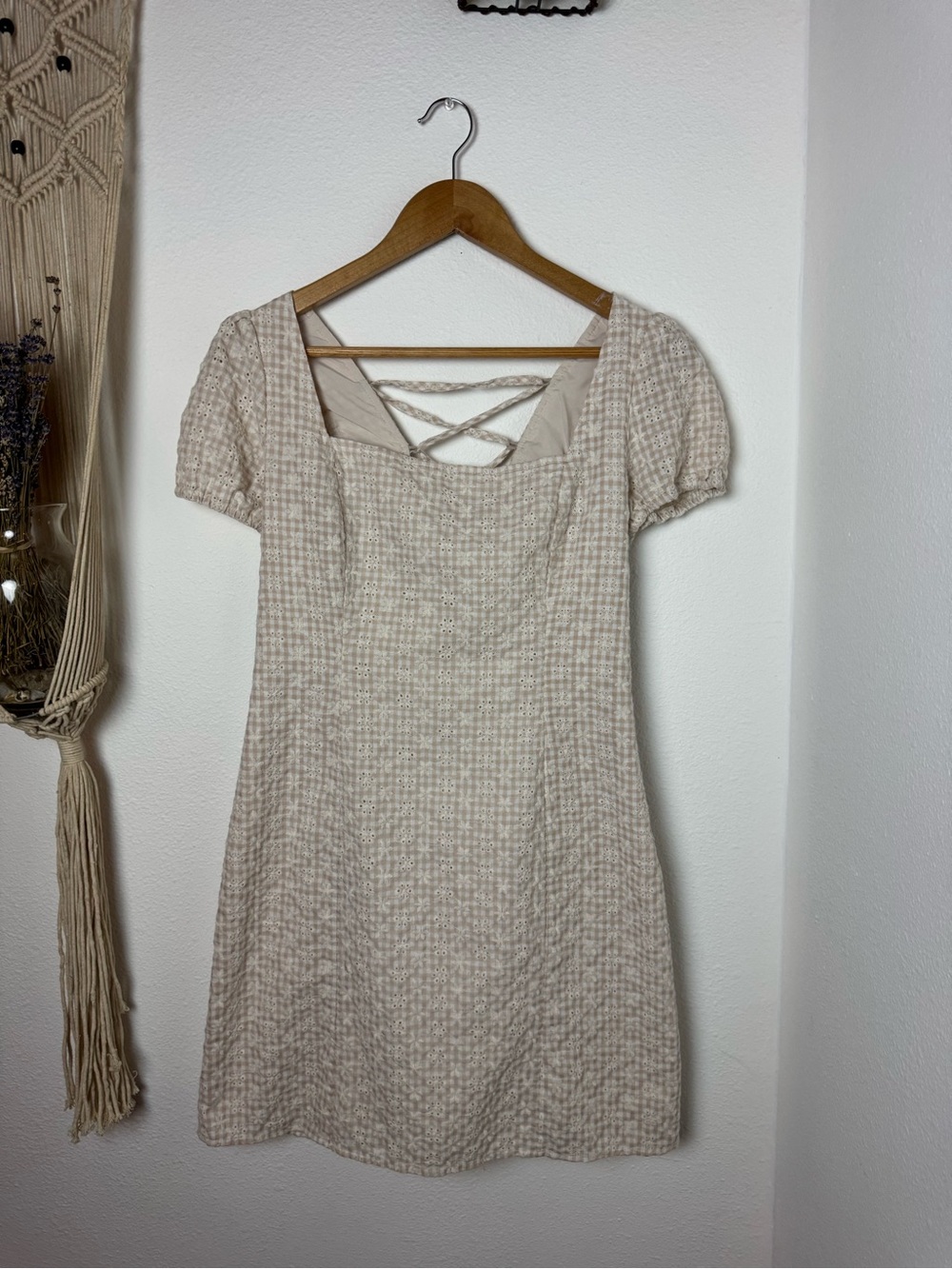 Hem & Thread Beige Tweed Mini Dress with Crisscross Back